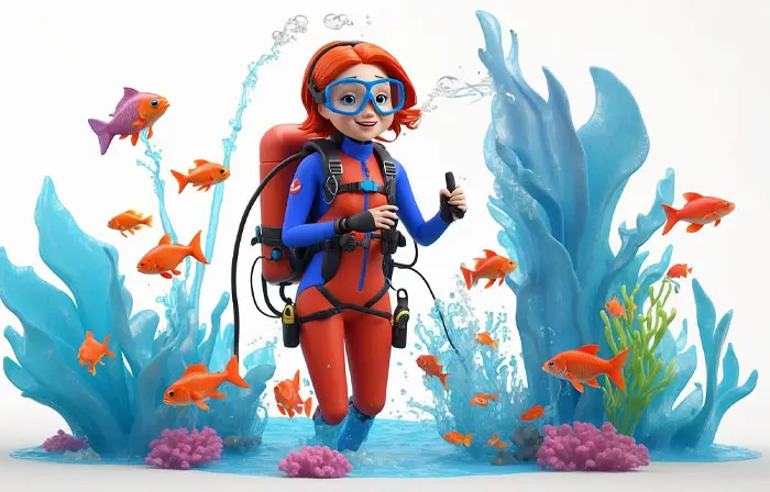 Female Diver Diving Under the Ocean 3D Character Illustration